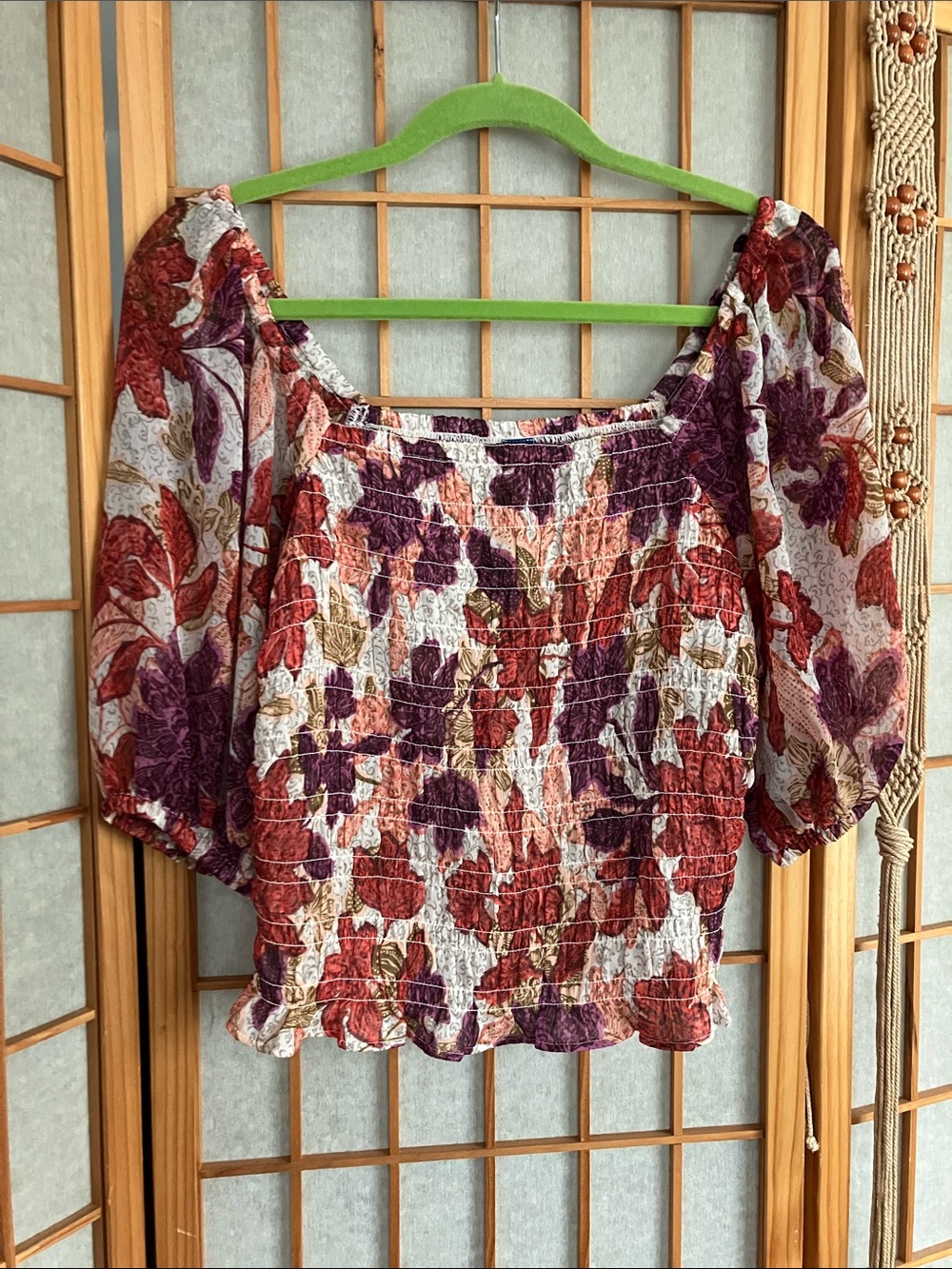 Old Navy Autumn Leaves Smocked Peasant Top Purple Burgundy W Cream Background